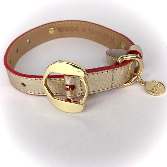 MOSHIQA Gold Leather Dog Collar Wonder Woman WW84 Size M Luxury Metallic Fancy - Picture 4 of 16